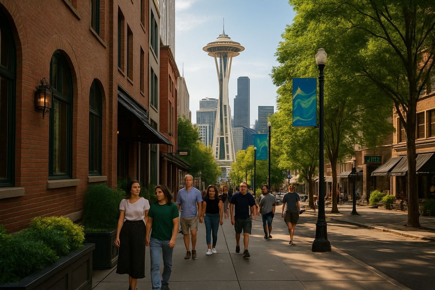 People walking through a Seattle street with the Space Needle in view.